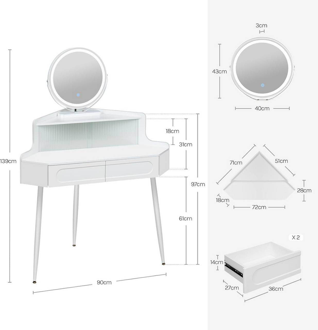 24goodz Corner Makeup Table with Mirror - Space-Saving Design - Dimmable Mirror - MDF - For Beauty Enthusiasts - White