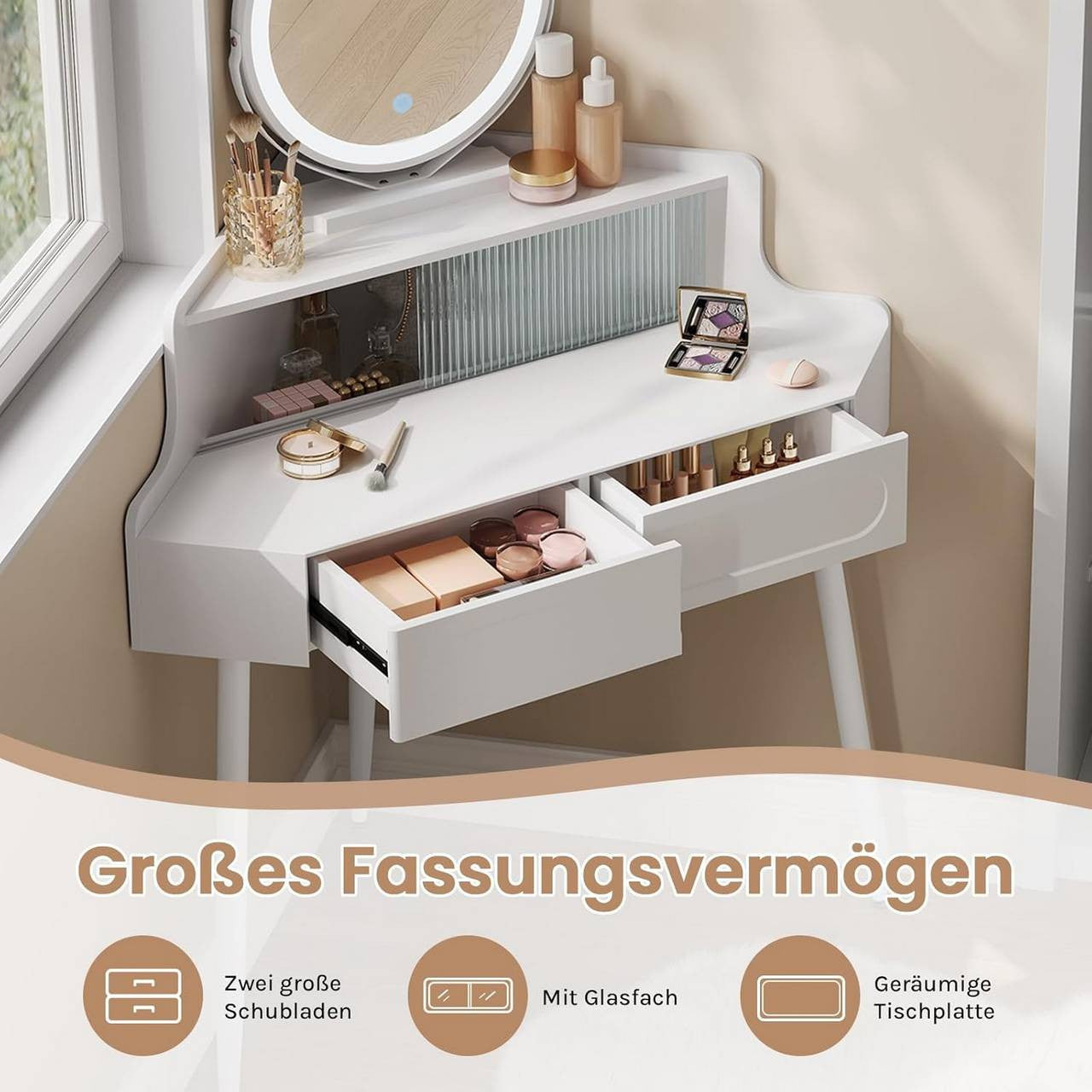24goodz Corner Makeup Table with Mirror - Space-Saving Design - Dimmable Mirror - MDF - For Beauty Enthusiasts - White