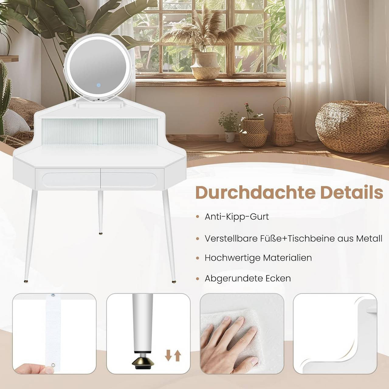24goodz Corner Makeup Table with Mirror - Space-Saving Design - Dimmable Mirror - MDF - For Beauty Enthusiasts - White