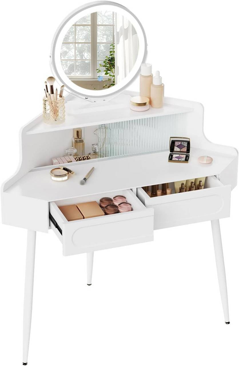 24goodz Corner Makeup Table with Mirror - Space-Saving Design - Dimmable Mirror - MDF - For Beauty Enthusiasts - White