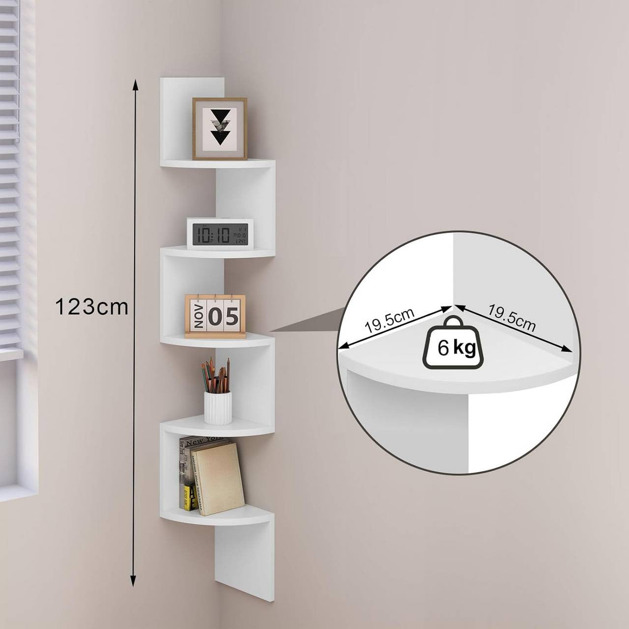 24goodz Zigzag Corner Shelf with 5 Shelves - Elegant & Stylish Design - E1 MDF - For Home Decor - White