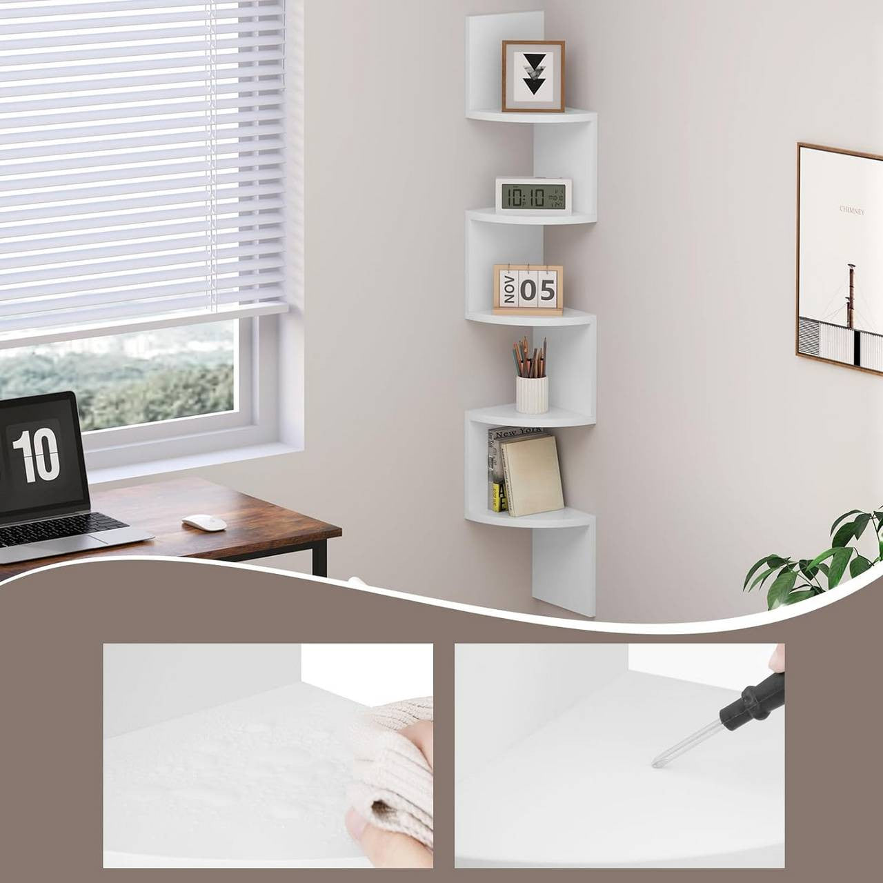 24goodz Zigzag Corner Shelf with 5 Shelves - Elegant & Stylish Design - E1 MDF - For Home Decor - White
