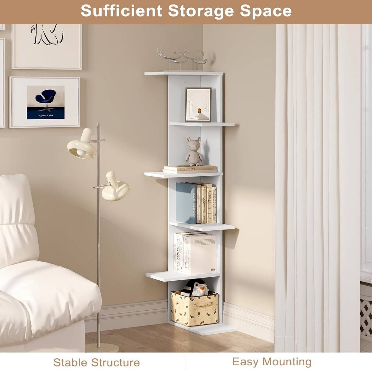 24goodz Corner Shelf 6 Levels - Unique Open Design - Durable Wood Material - White - For Home Use