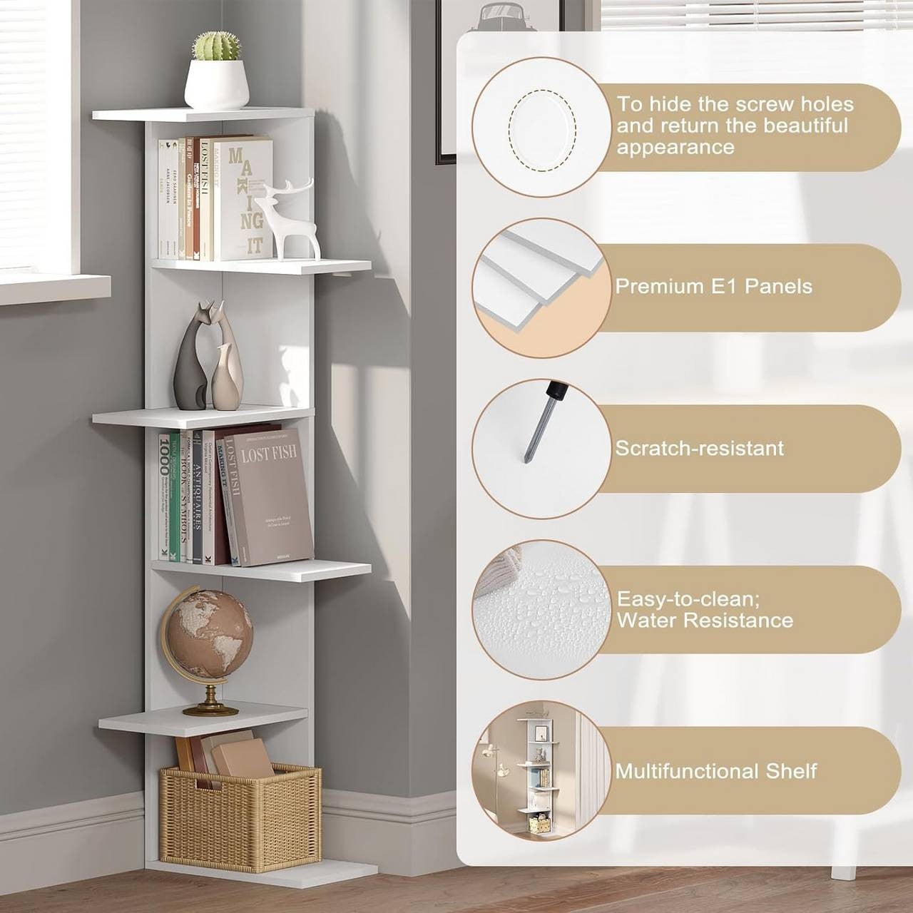 24goodz Corner Shelf 6 Levels - Unique Open Design - Durable Wood Material - White - For Home Use