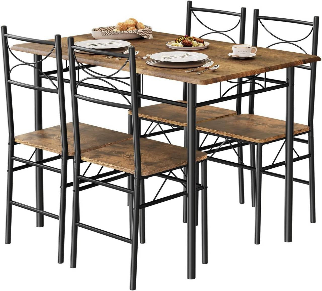 24goodz Dining Table Set with 4 Chairs - Elegant Modern Design - Stable and Strong - MDF and Iron - For 4 Persons - Rustic Brown + Black