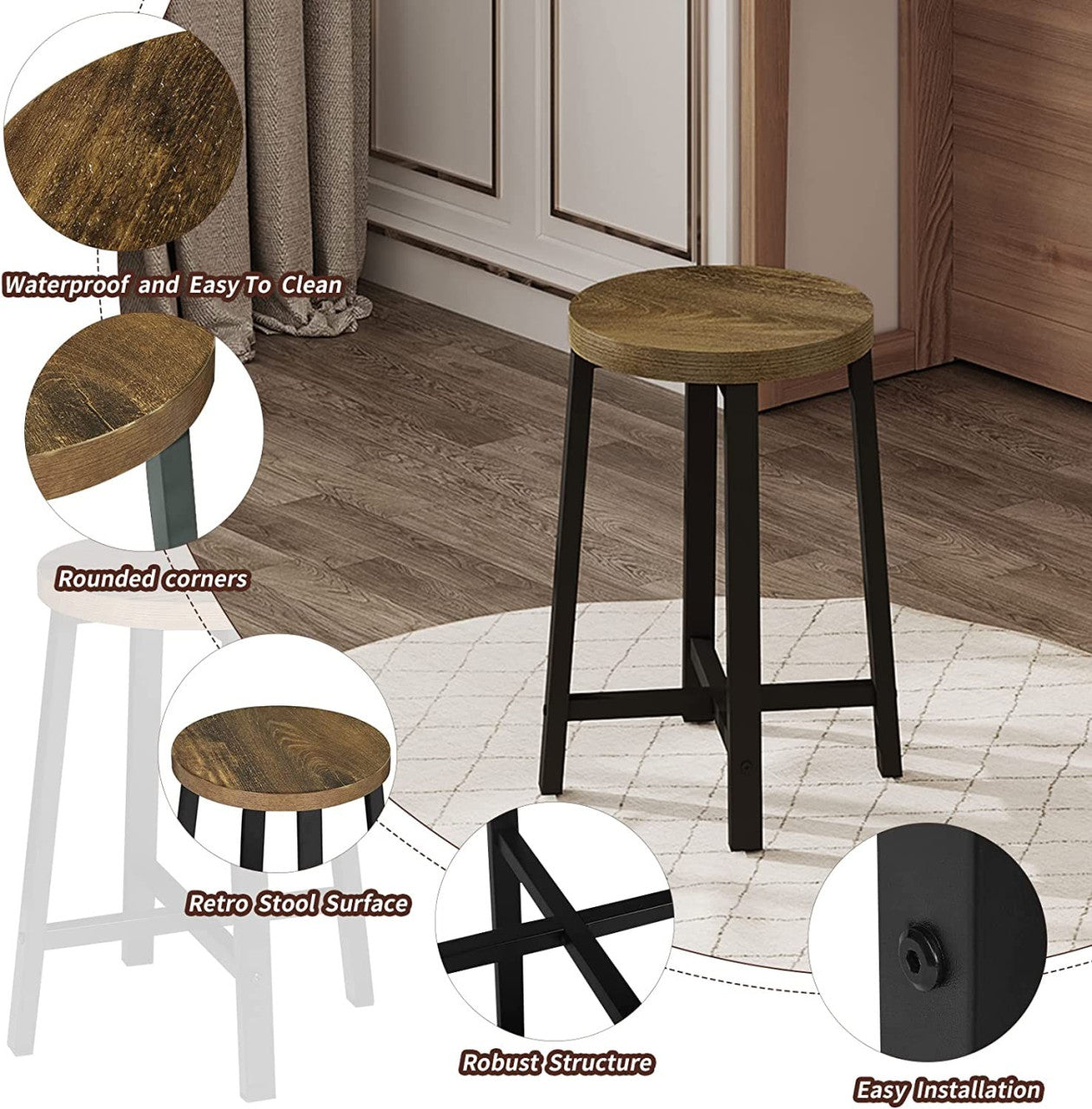 24goodz Set of 4 Dining Stools - Stylish Vintage Design - Durable E1 Wood and Metal - For Home and Office - Vintage Wood Grain + Black