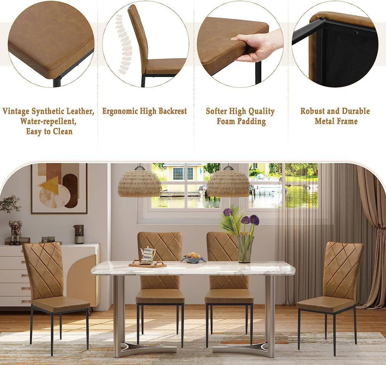 24goodz Set of 4 Dining Chairs - Ergonomic Design for Comfort - Vintage Faux Leather - For Dining Rooms and More - Brown