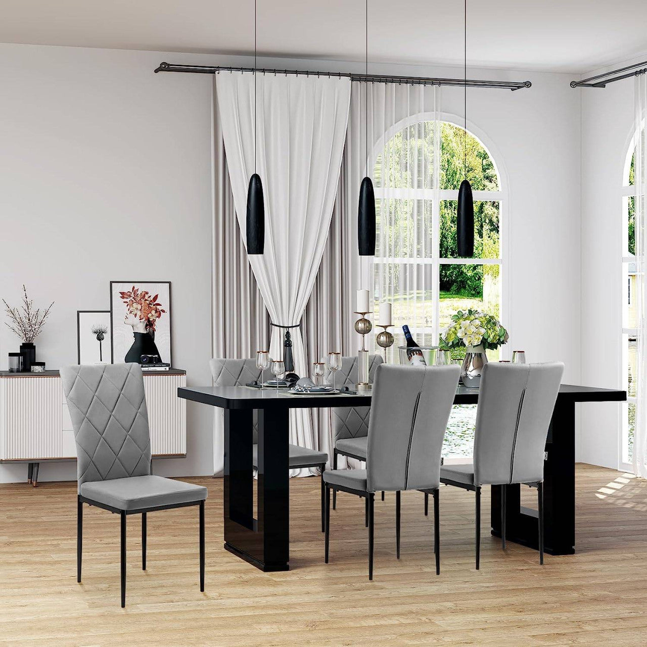 24goodz Set of 4 Velvet Dining Chairs - Ergonomic High Back Support - Durable Metal Frame - For Family Gatherings - Dark Grey