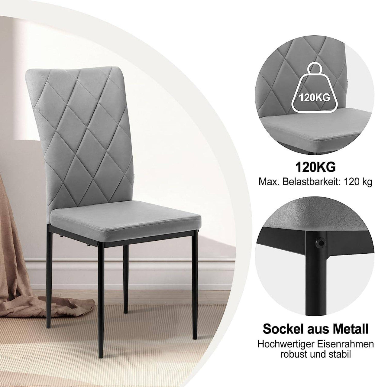 24goodz Set of 4 Velvet Dining Chairs - Ergonomic High Back Support - Durable Metal Frame - For Family Gatherings - Dark Grey