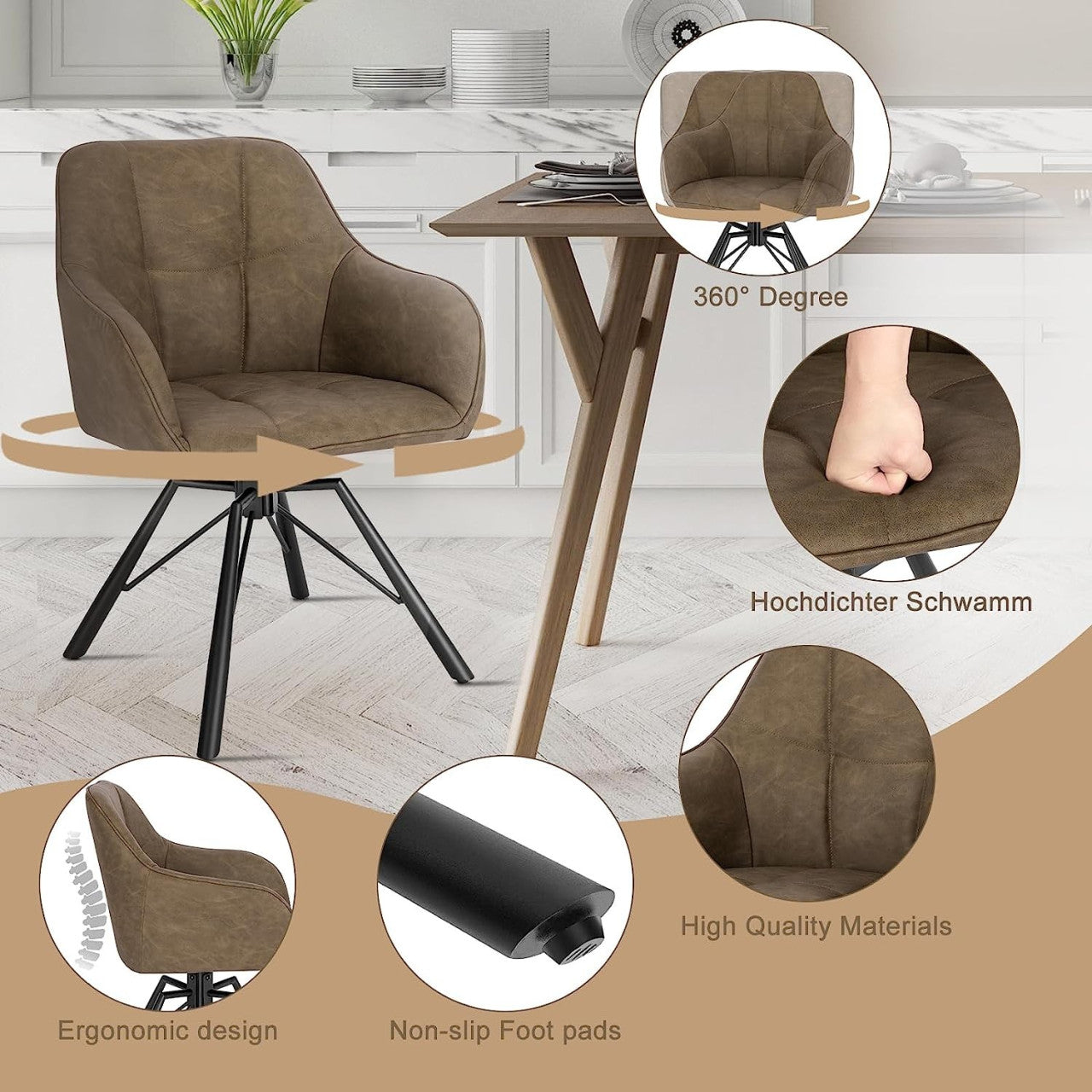 24goodz Set of 4 Swivel Dining Chairs - 360° Rotatable Design - Ergonomic Comfort - Vintage Leather - Brown