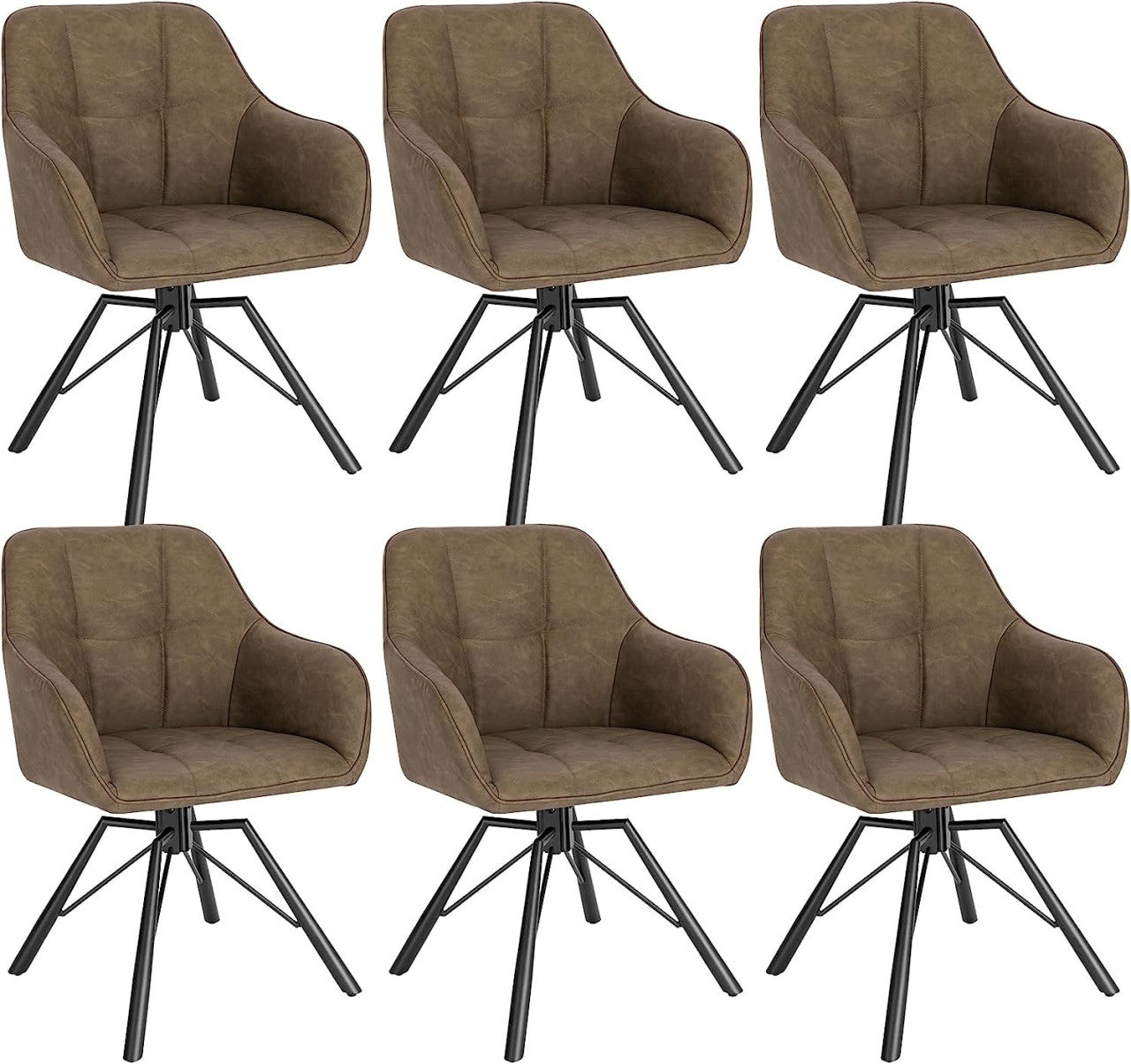 24goodz Set of 6 Swivel Dining Chairs - 360° Rotatable Design - Ergonomic Comfort - Vintage Leather + Metal - Brown