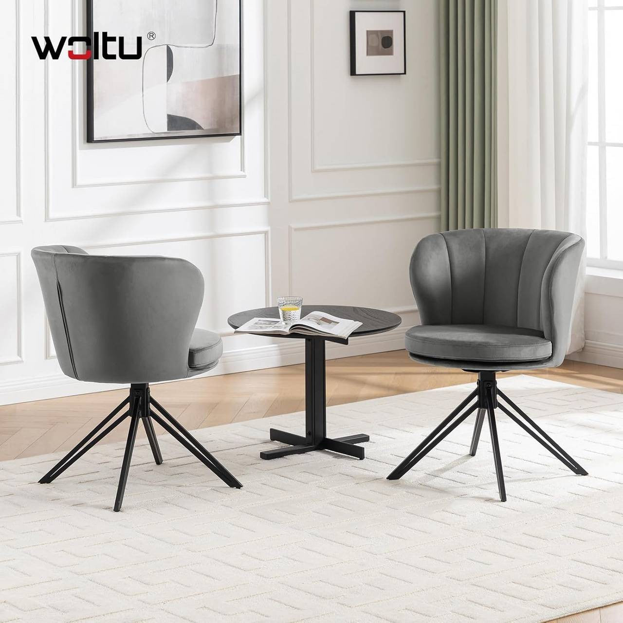 24goodz Velvet Dining Chairs Set of 2 - 360° Rotatable - Ergonomic Design - Velvet + Metal - Dark Grey