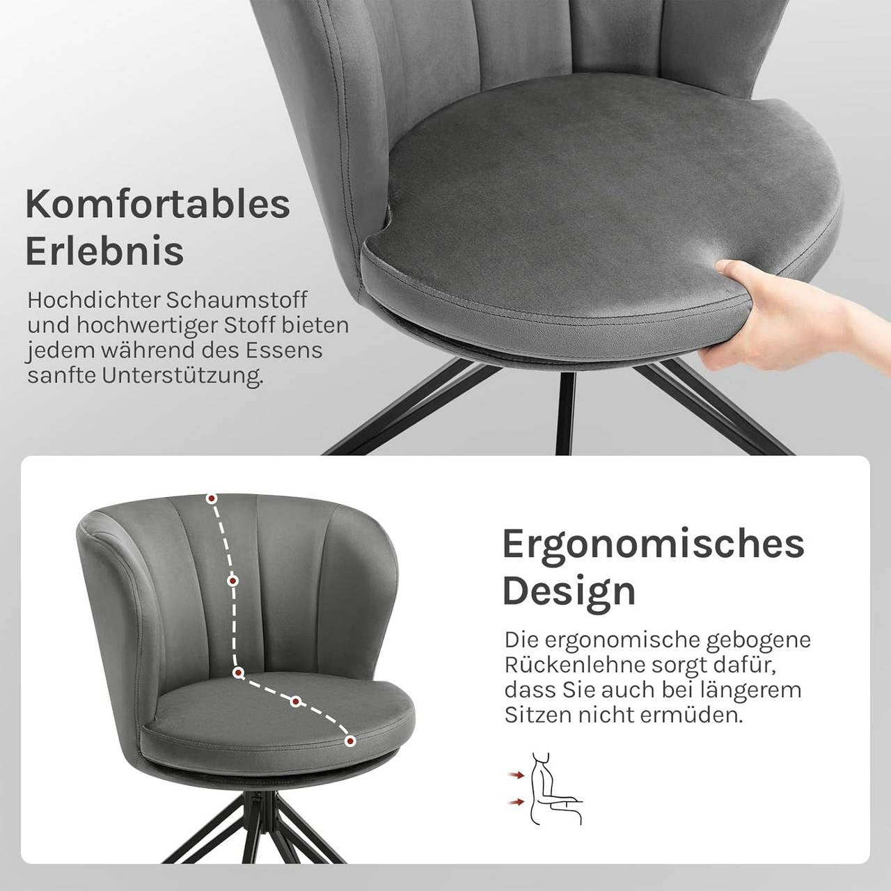 24goodz Velvet Dining Chairs Set of 2 - 360° Rotatable - Ergonomic Design - Velvet + Metal - Dark Grey