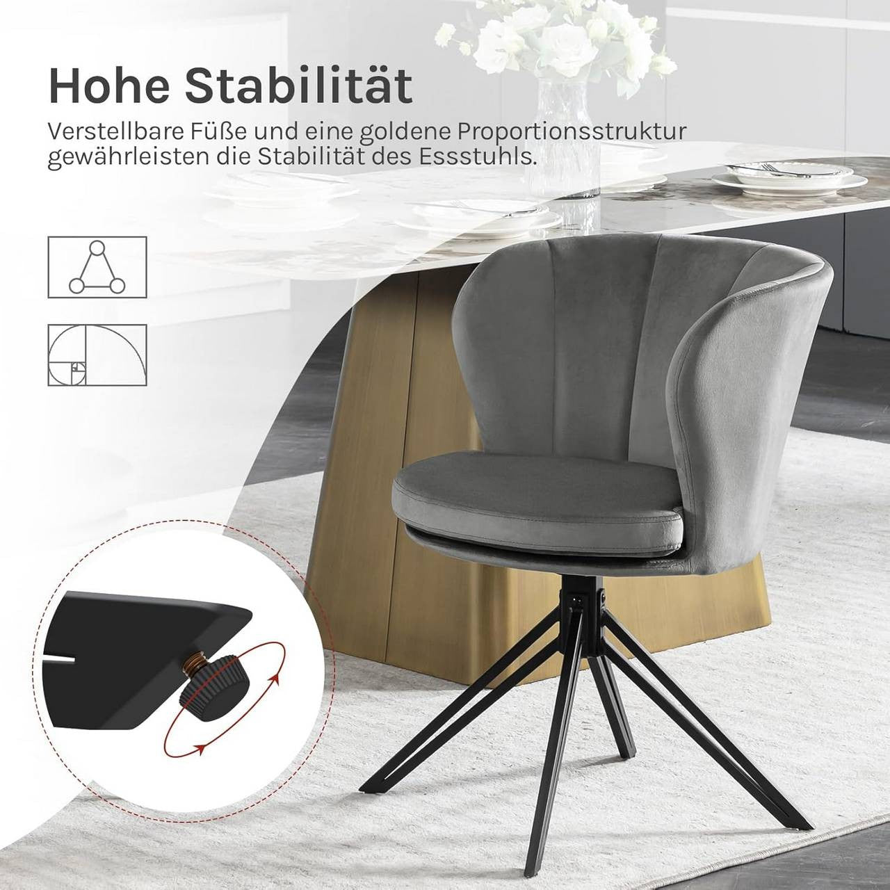 24goodz Velvet Dining Chairs Set of 2 - 360° Rotatable - Ergonomic Design - Velvet + Metal - Dark Grey