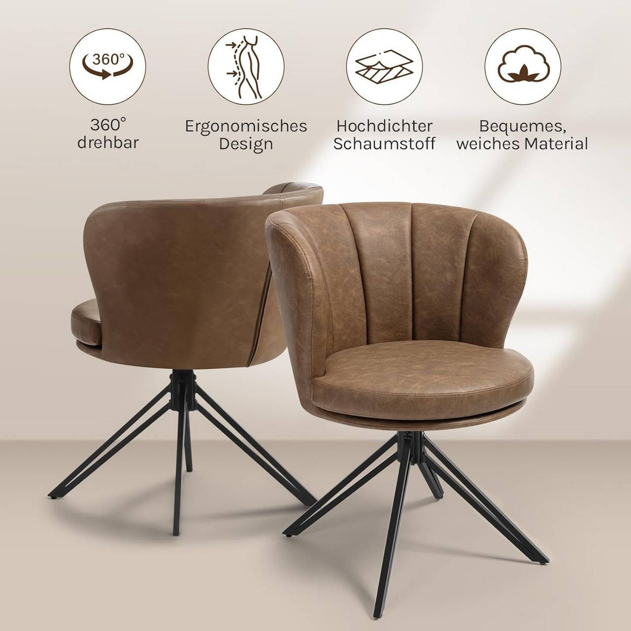 24goodz Dining Chairs Set of 2 - 360° Rotatable - Ergonomic Design - Faux Leather - Dark Brown
