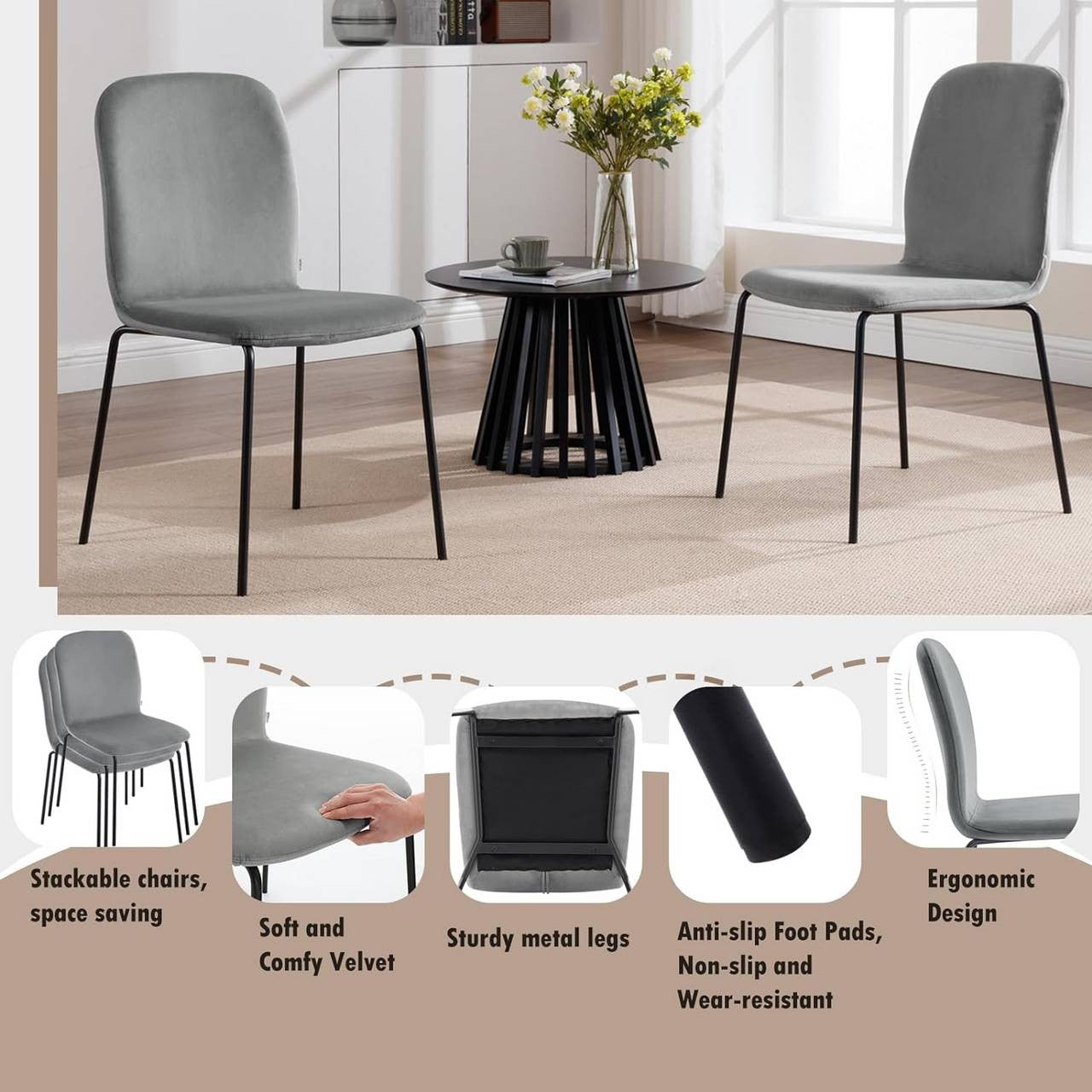24goodz Set of 4 Dining Chairs - Ergonomic Comfort - Space-Saving Stackable Design - Velvet and Metal - Dark Grey