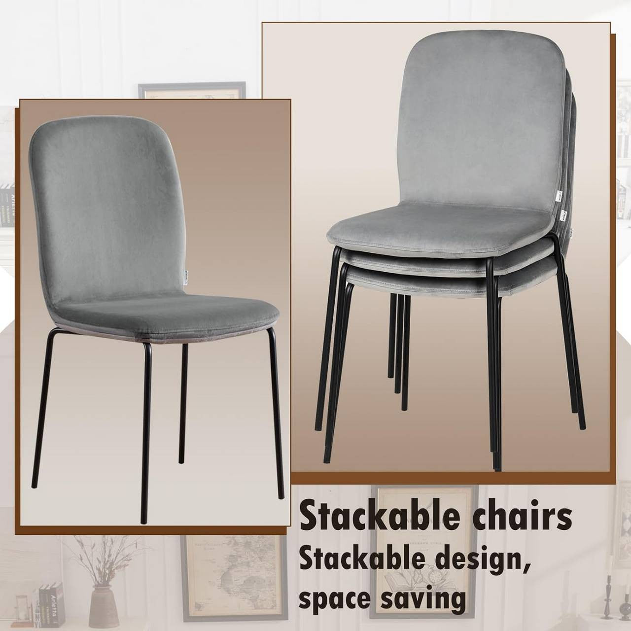 24goodz Set of 4 Dining Chairs - Ergonomic Comfort - Space-Saving Stackable Design - Velvet and Metal - Dark Grey