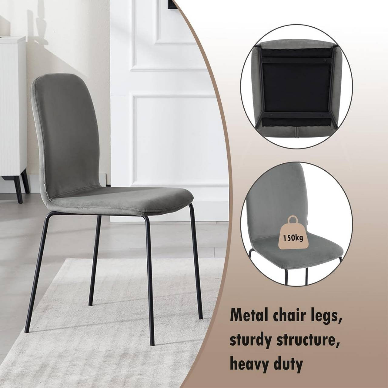 24goodz Set of 4 Dining Chairs - Ergonomic Comfort - Space-Saving Stackable Design - Velvet and Metal - Dark Grey