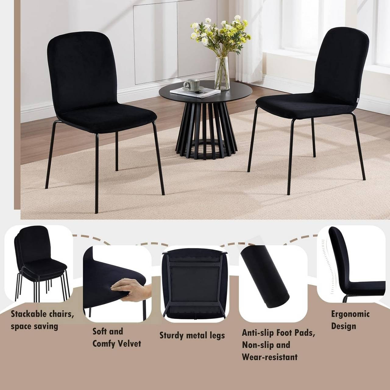 24goodz Set of 4 Dining Chairs - Ergonomic Comfort - Sturdy and Stable - Velvet and Metal - Dark Grey