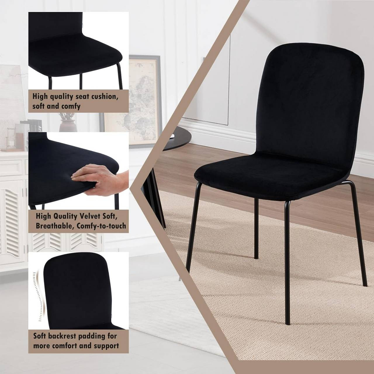 24goodz Set of 4 Dining Chairs - Ergonomic Comfort - Sturdy and Stable - Velvet and Metal - Dark Grey