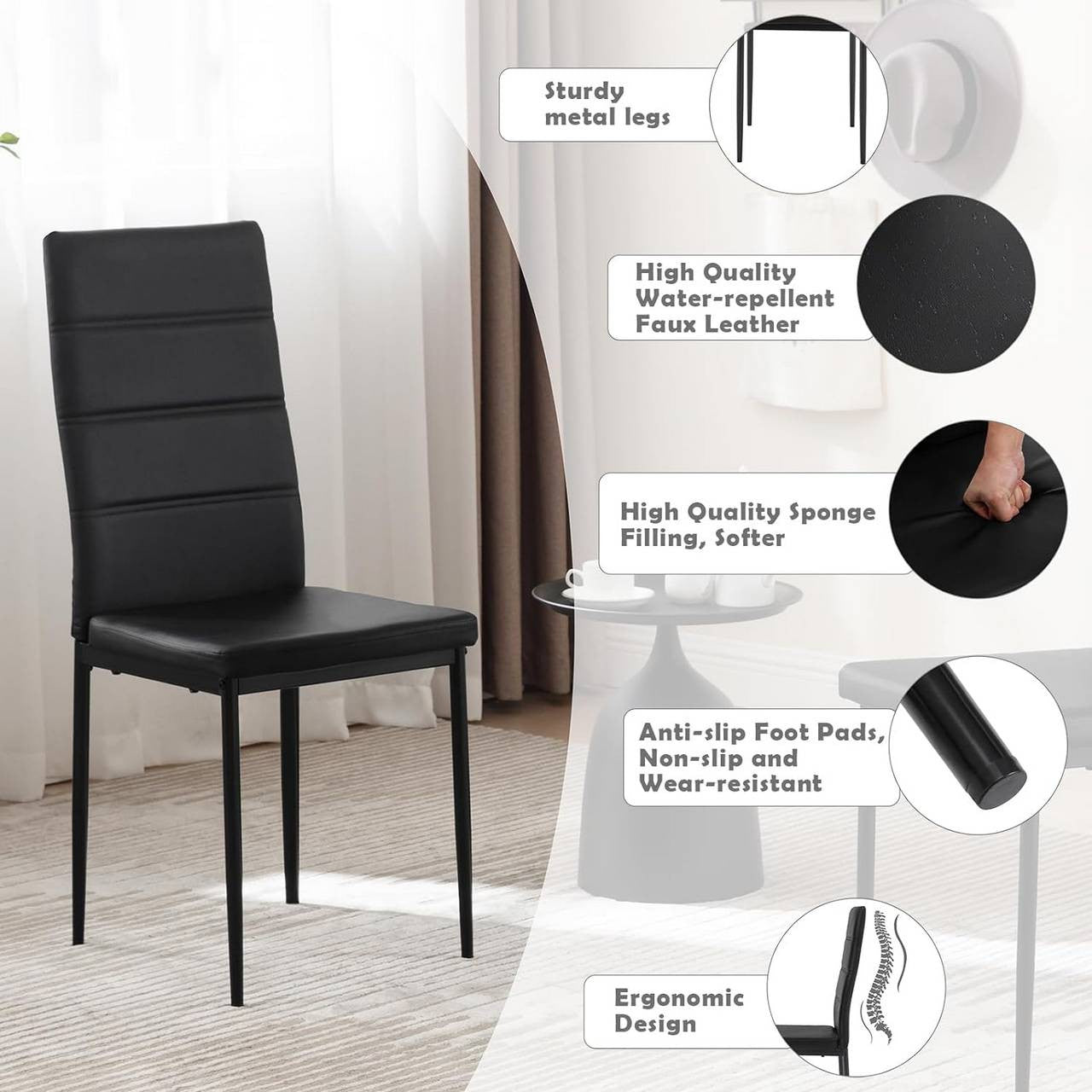 24goodz Set of 4 Dining Chairs - High Back for Maximum Comfort - Durable Faux Leather - For Family Meals - Black