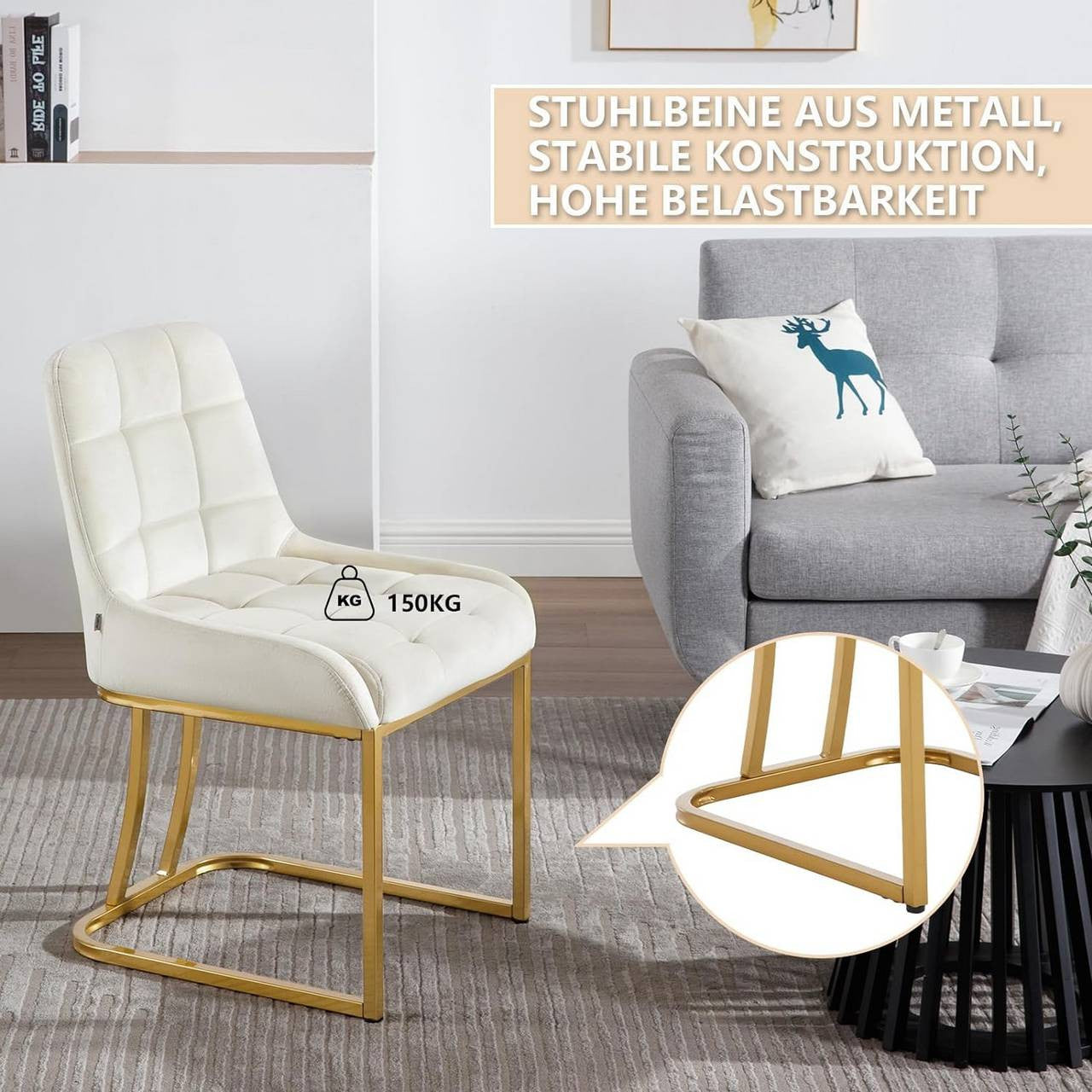 24goodz Upholstered Dining Chair - Stable & Robust Design - Comfortable and Ergonomic - Velvet + Metal - Beige