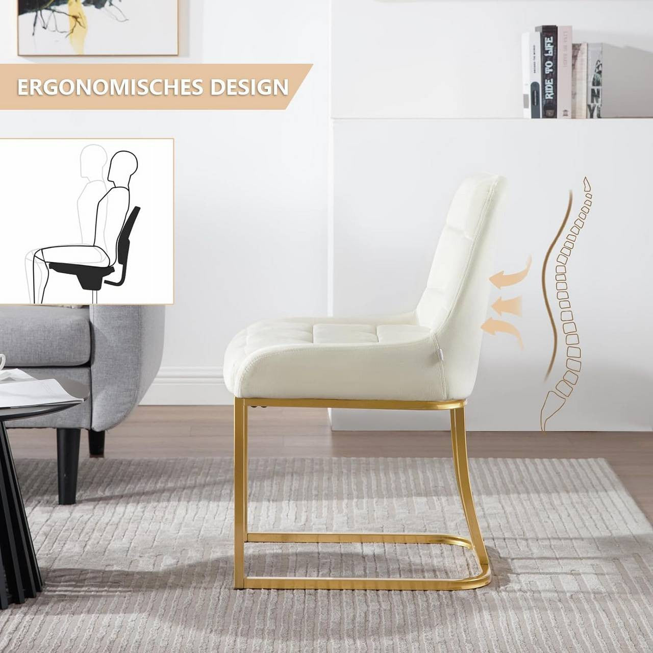 24goodz Upholstered Dining Chair - Stable & Robust Design - Comfortable and Ergonomic - Velvet + Metal - Beige