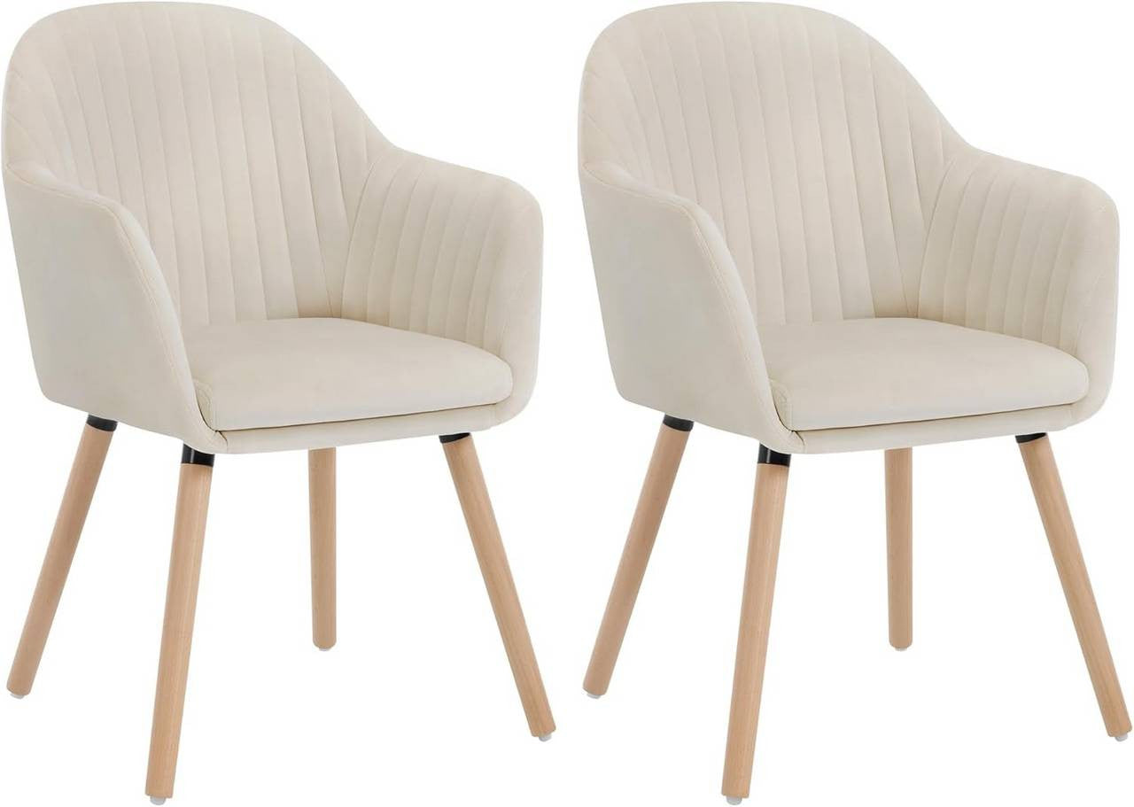 24goodz Set of 2 Dining Chairs - Ergonomic Comfort - Durable Design - Velvet and Solid Wood - Cream White - cm