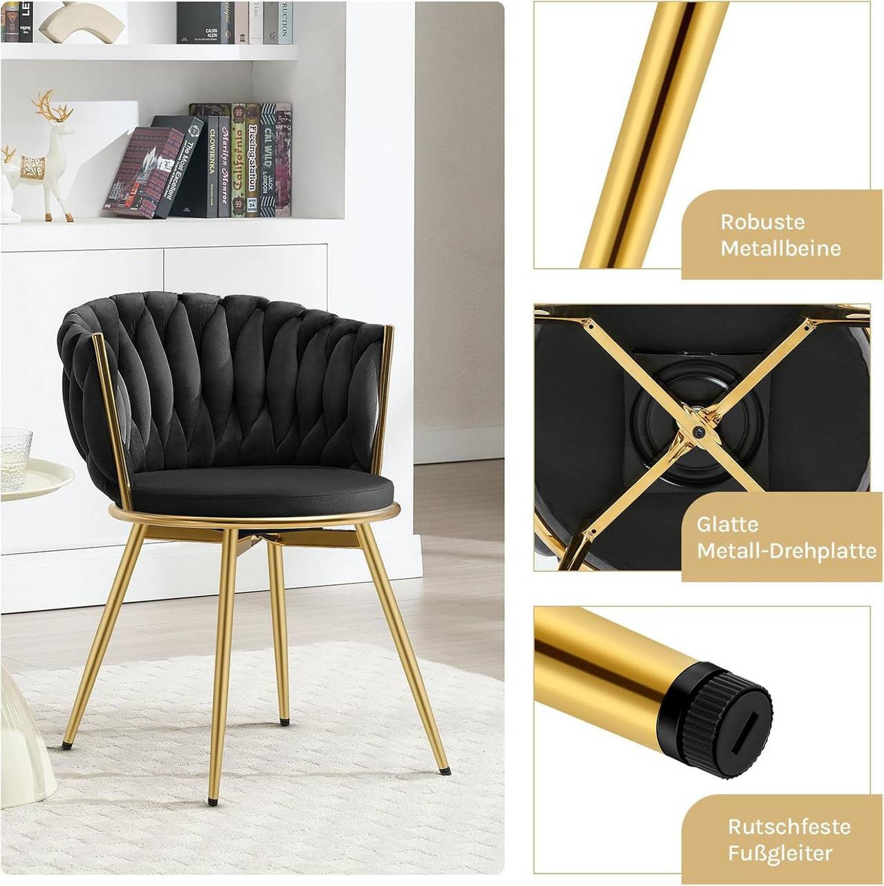 24goodz 360° Swivel Dining Chairs - Ergonomic Design - Sturdy Metal Frame - Velvet Upholstery - Black - 60.5 x 78 x 59.5 cm