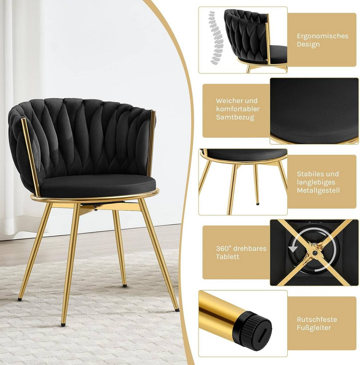 24goodz 360° Swivel Dining Chairs - Ergonomic Design - Sturdy Metal Frame - Velvet Upholstery - Black - 60.5 x 78 x 59.5 cm