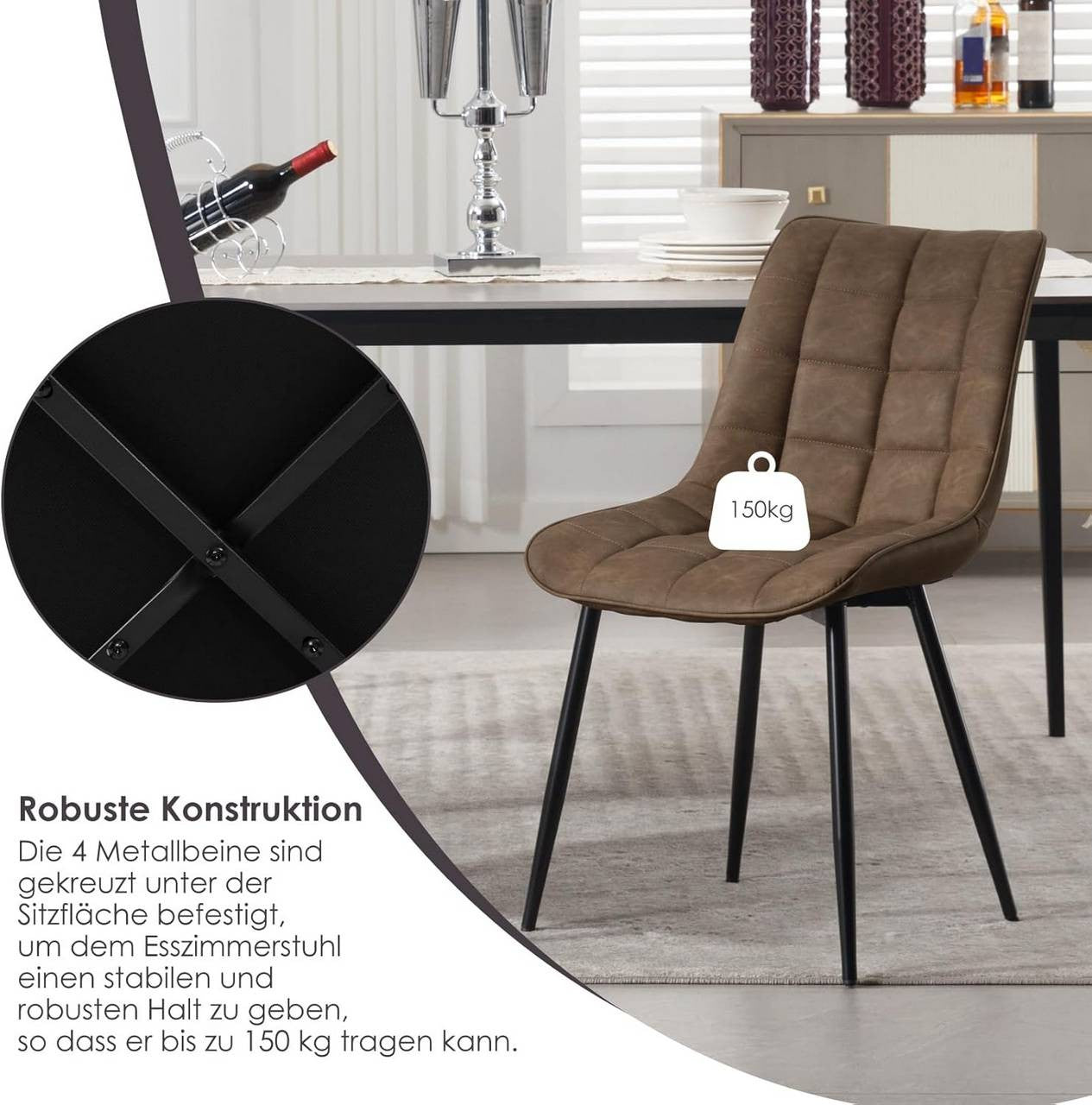24goodz Set of 2 Dining Chairs - Ergonomic Comfort - Easy to Clean - Faux Leather - For Home Use - Brown