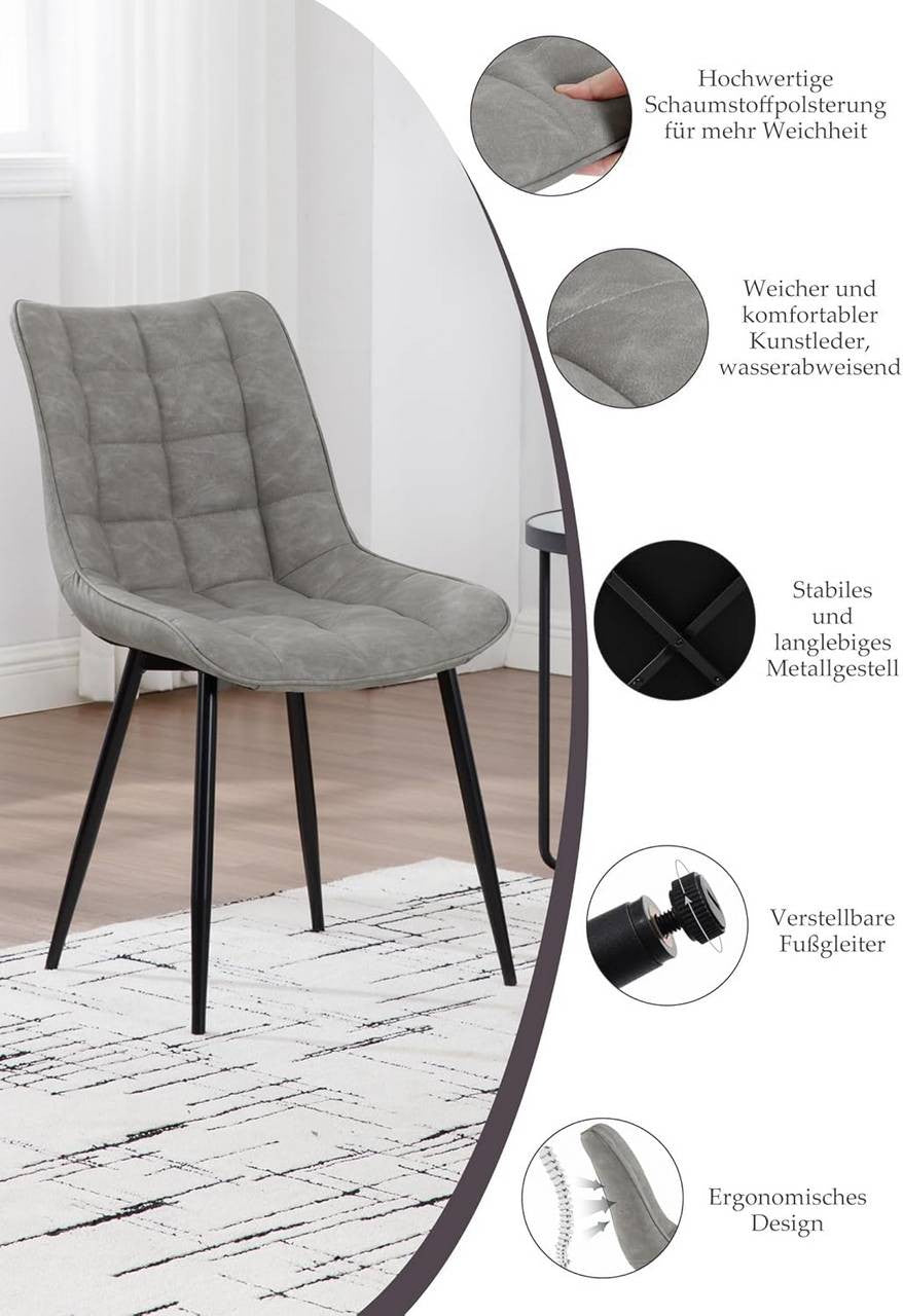 24goodz Set of 4 Dining Chairs with Backrest - Ergonomic Comfort - Easy to Clean Faux Leather - For Home Use - Grey