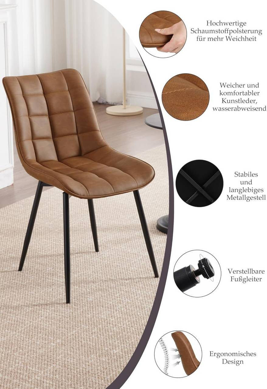 24goodz Set of 2 Dining Chairs with Backrest - Ergonomic Comfort - Easy to Clean Faux Leather - For Every Room - Light Brown - hbr