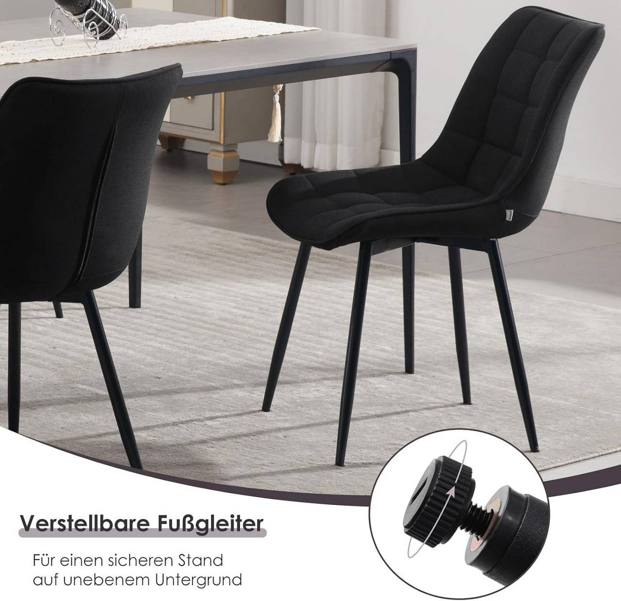 24goodz Set of 2 Dining Chairs with Backrest - Ergonomic Design - High Stability - Linen and Metal - Black - sz