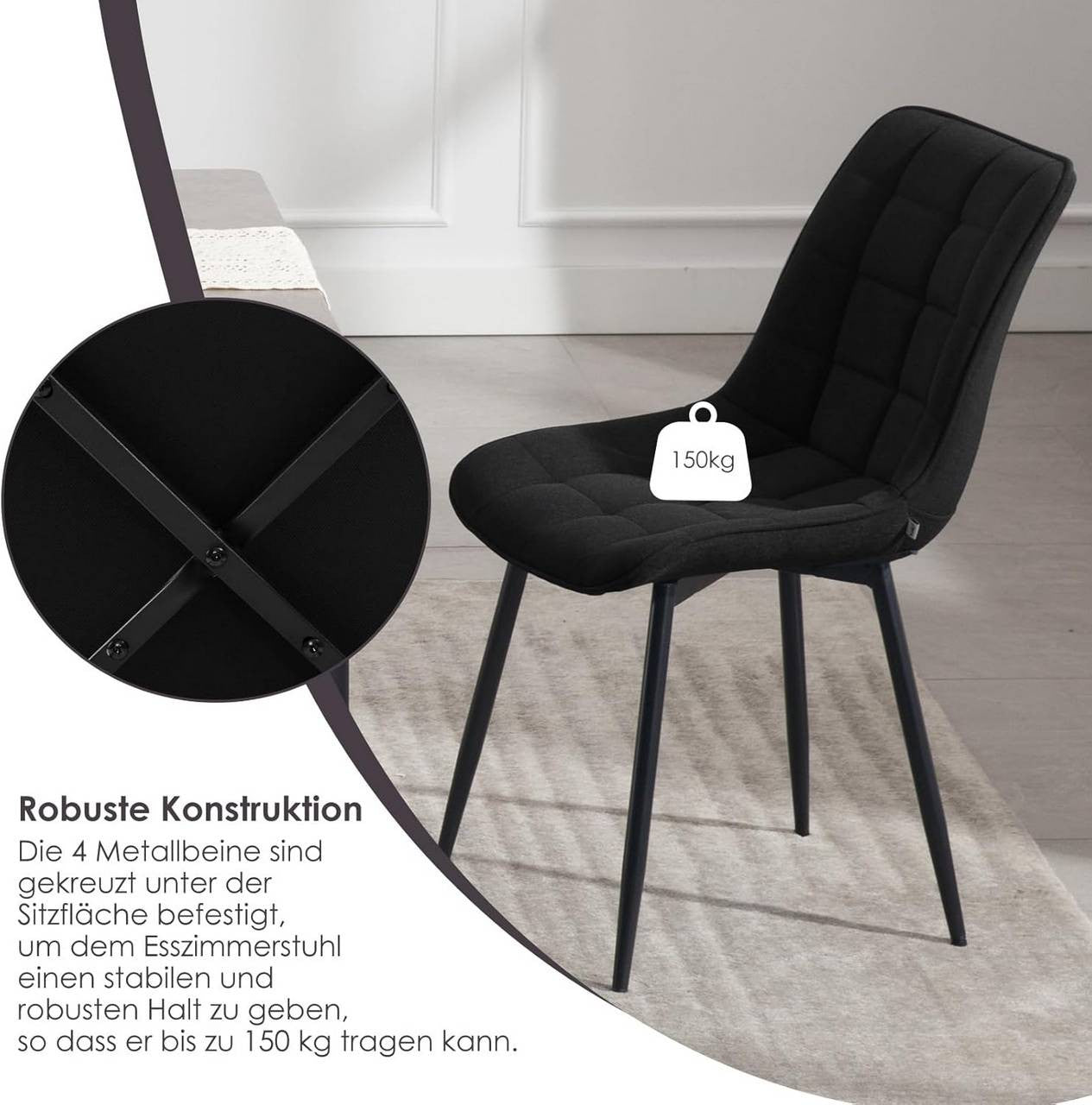 24goodz Set of 2 Dining Chairs with Backrest - Ergonomic Design - High Stability - Linen and Metal - Black - sz