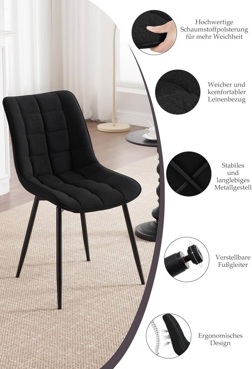 24goodz Set of 2 Dining Chairs with Backrest - Ergonomic Design - High Stability - Linen and Metal - Black - sz