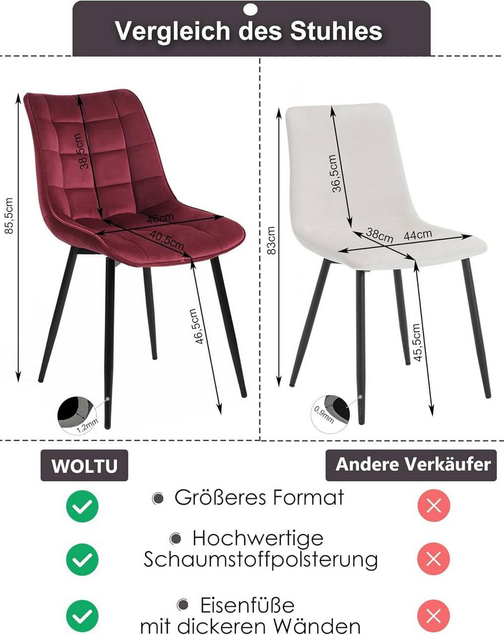 24goodz Dining Chair Set of 4 - Sturdy and Comfortable - Velvet and Metal - For Home Use - Bordeaux - bd
