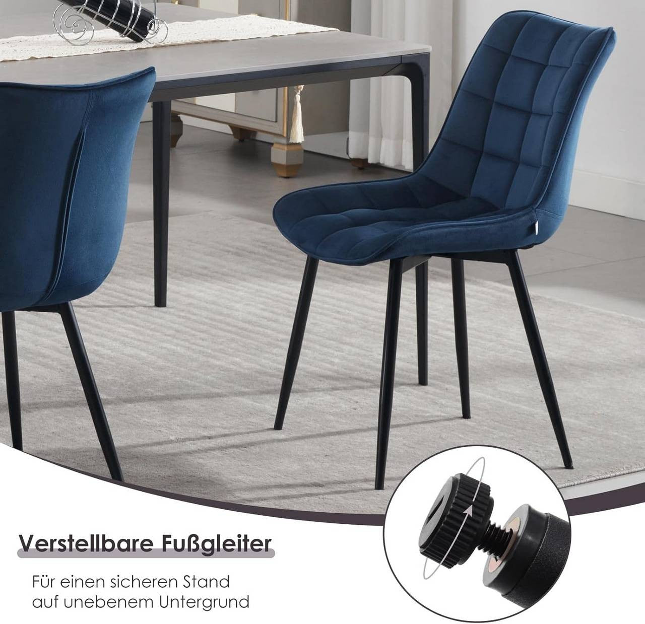 24goodz Set of 2 Dining Chairs with Backrest - Ergonomic Comfort - Velvet and Metal - For Home Use - Blue