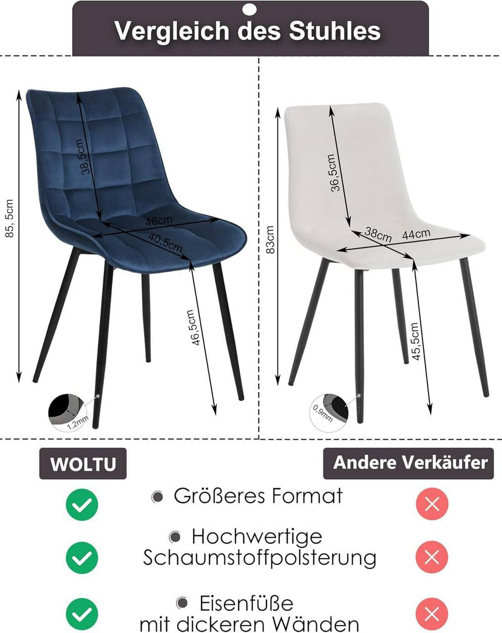 24goodz Set of 2 Dining Chairs with Backrest - Ergonomic Comfort - Velvet and Metal - For Home Use - Blue