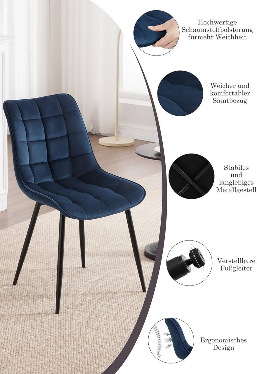 24goodz Set of 2 Dining Chairs with Backrest - Ergonomic Comfort - Velvet and Metal - For Home Use - Blue