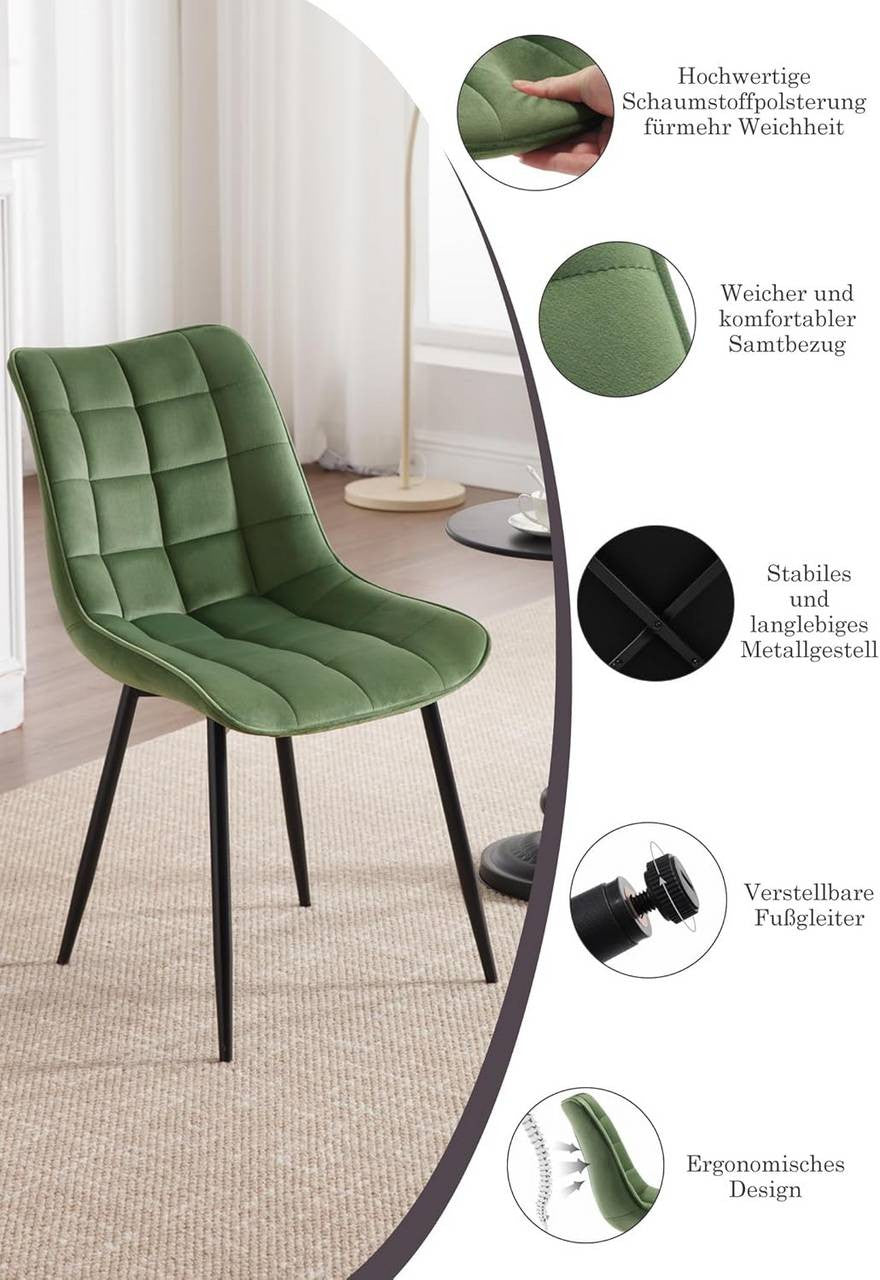 24goodz Dining Chair Set of 2 - Ergonomic Comfort - Sturdy Metal Legs - Velvet - For Home Use - Dark Green - dgn