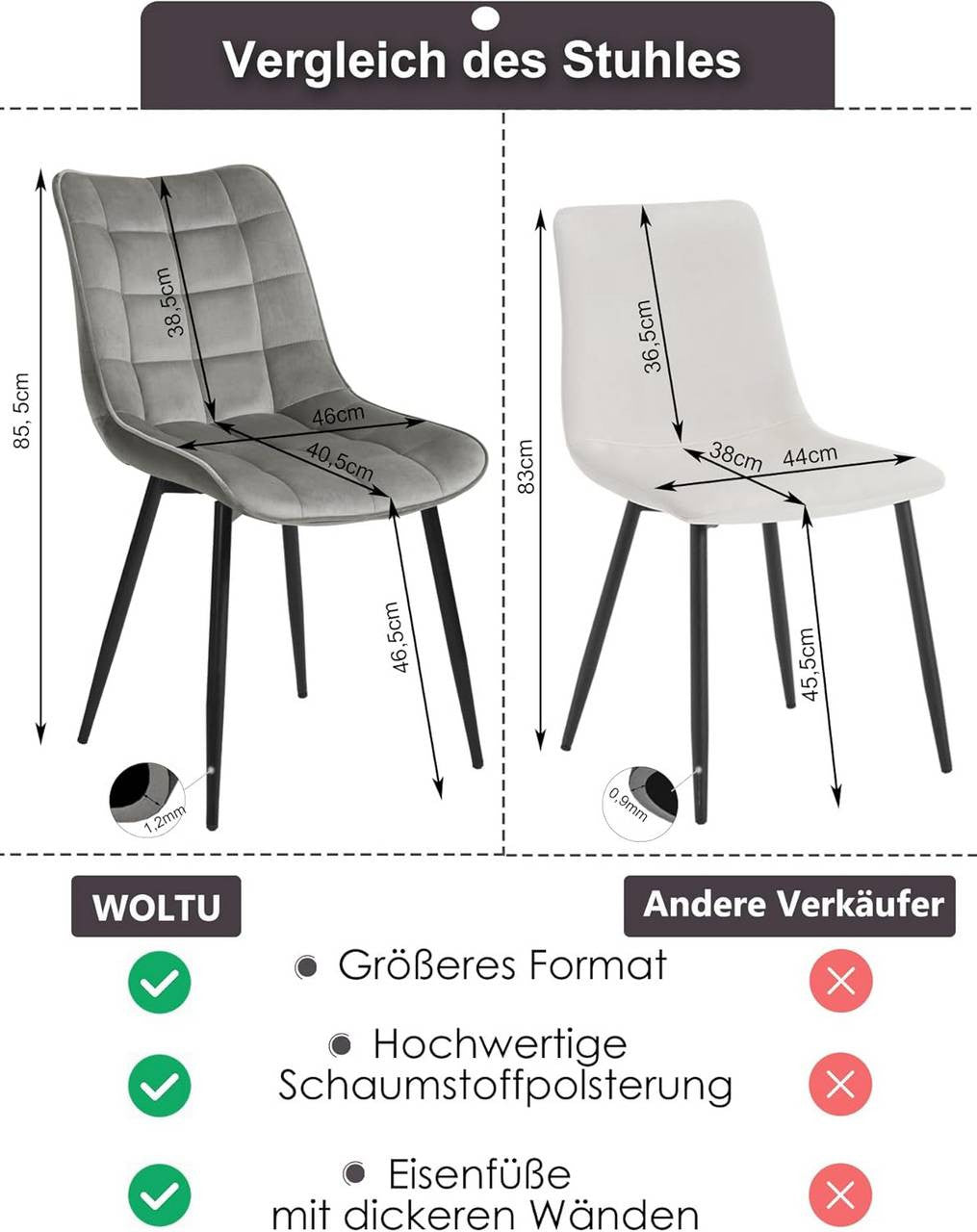 24goodz Dining Chair Set of 2 - Ergonomic Comfort - Sturdy Metal Legs - Velvet - For Every Room - Light Grey - hgr