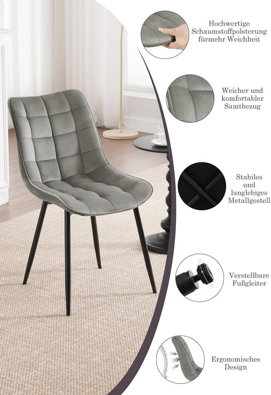 24goodz Dining Chair Set of 2 - Ergonomic Comfort - Sturdy Metal Legs - Velvet - For Every Room - Light Grey - hgr