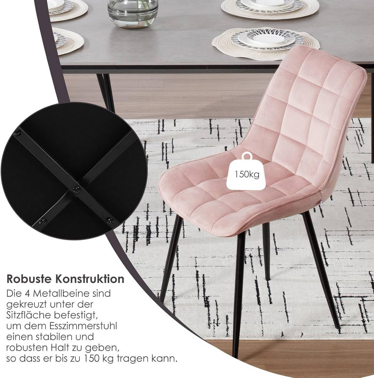 24goodz Set of 2 Dining Chairs with Backrest - Ergonomic Comfort - Durable Velvet - For Home Use - Pink