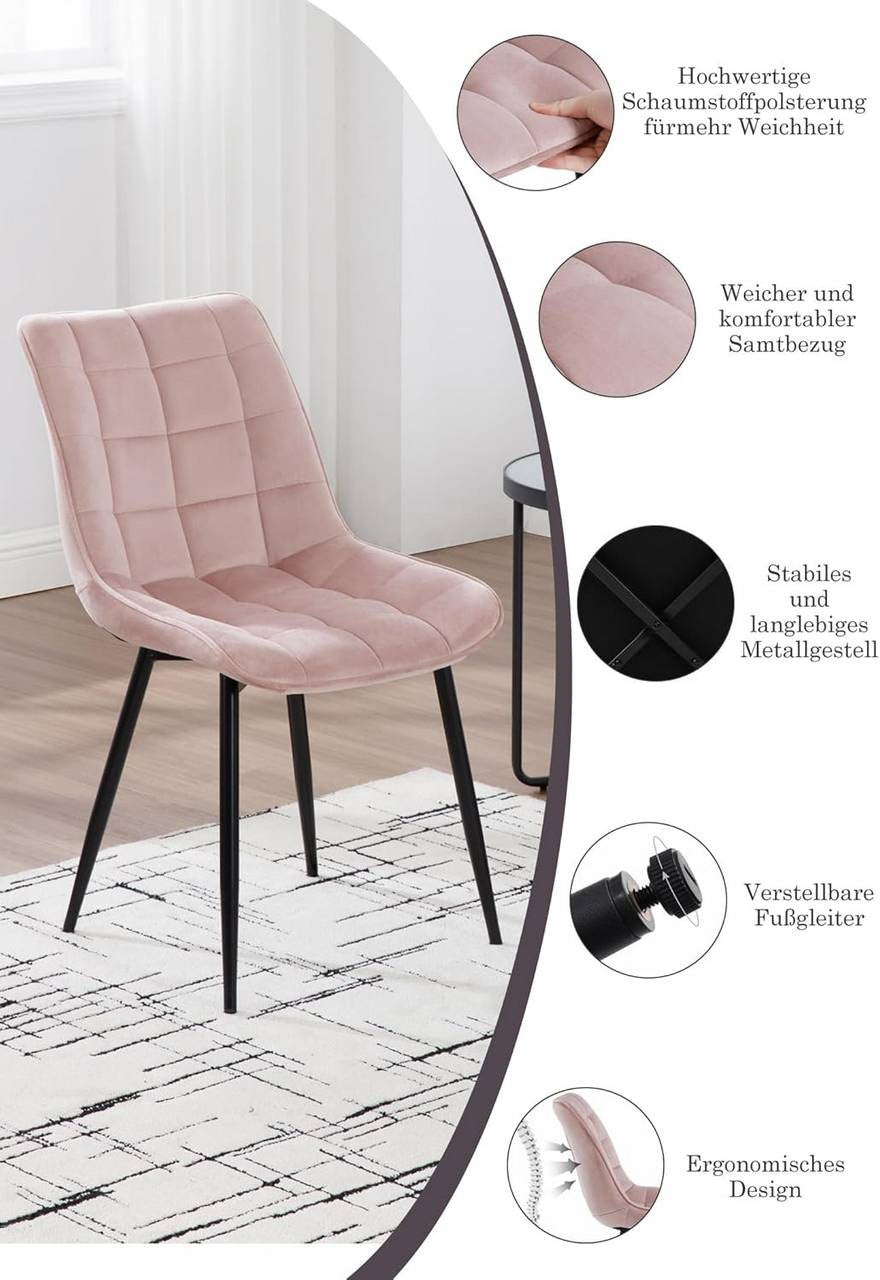 24goodz Set of 2 Dining Chairs with Backrest - Ergonomic Comfort - Durable Velvet - For Home Use - Pink