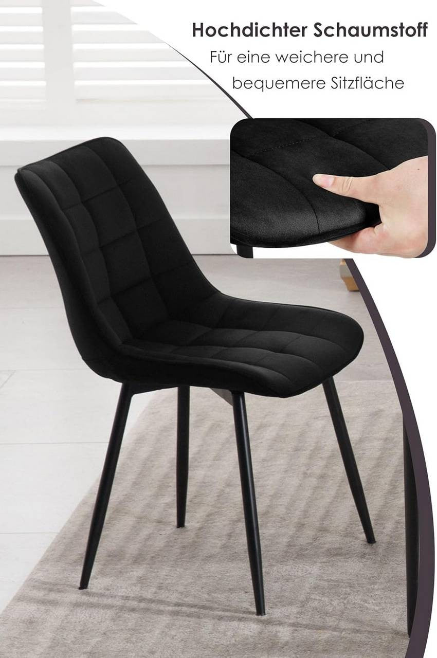 24goodz Set of 2 Dining Chairs with Backrest - Ergonomic Design - Sturdy Metal Legs - Velvet - For Home Use - Black - sz