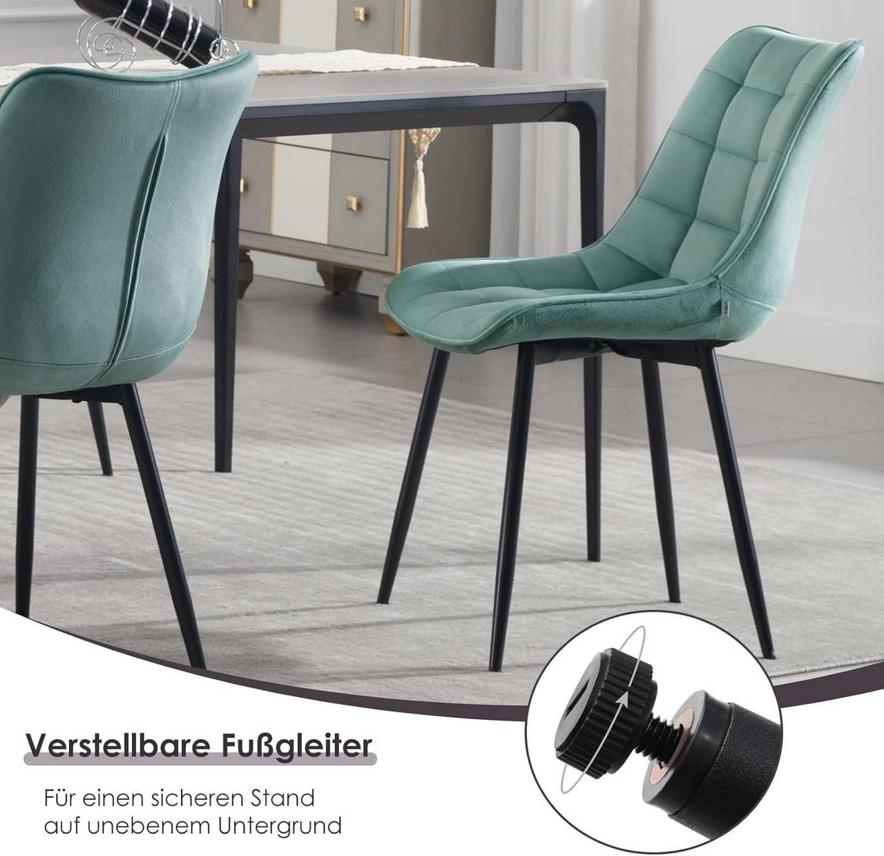 24goodz Set of 2 Dining Chairs with Backrest - Ergonomic Comfort - Velvet and Metal - For Dining and Living Spaces - Dark Grey - ts