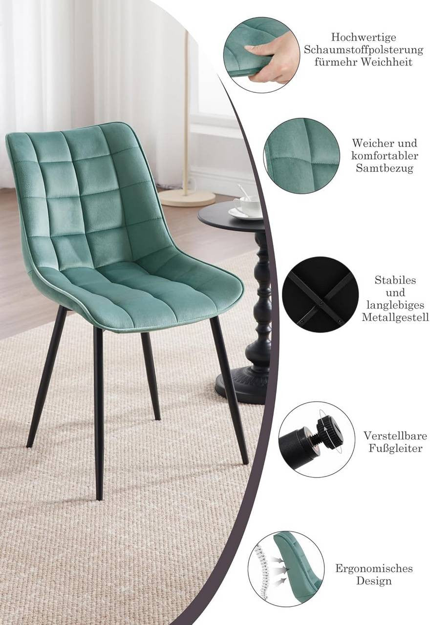 24goodz Set of 2 Dining Chairs with Backrest - Ergonomic Comfort - Velvet and Metal - For Dining and Living Spaces - Dark Grey - ts
