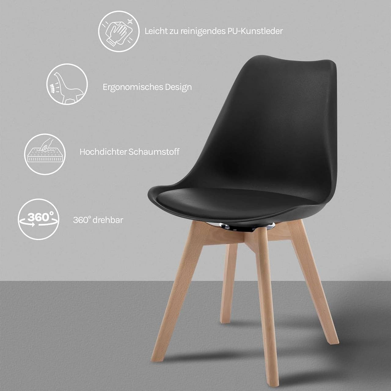 24goodz Swivel Dining Chairs - 360° Rotating Seat - High Comfort - Faux Leather & Solid Wood - Black