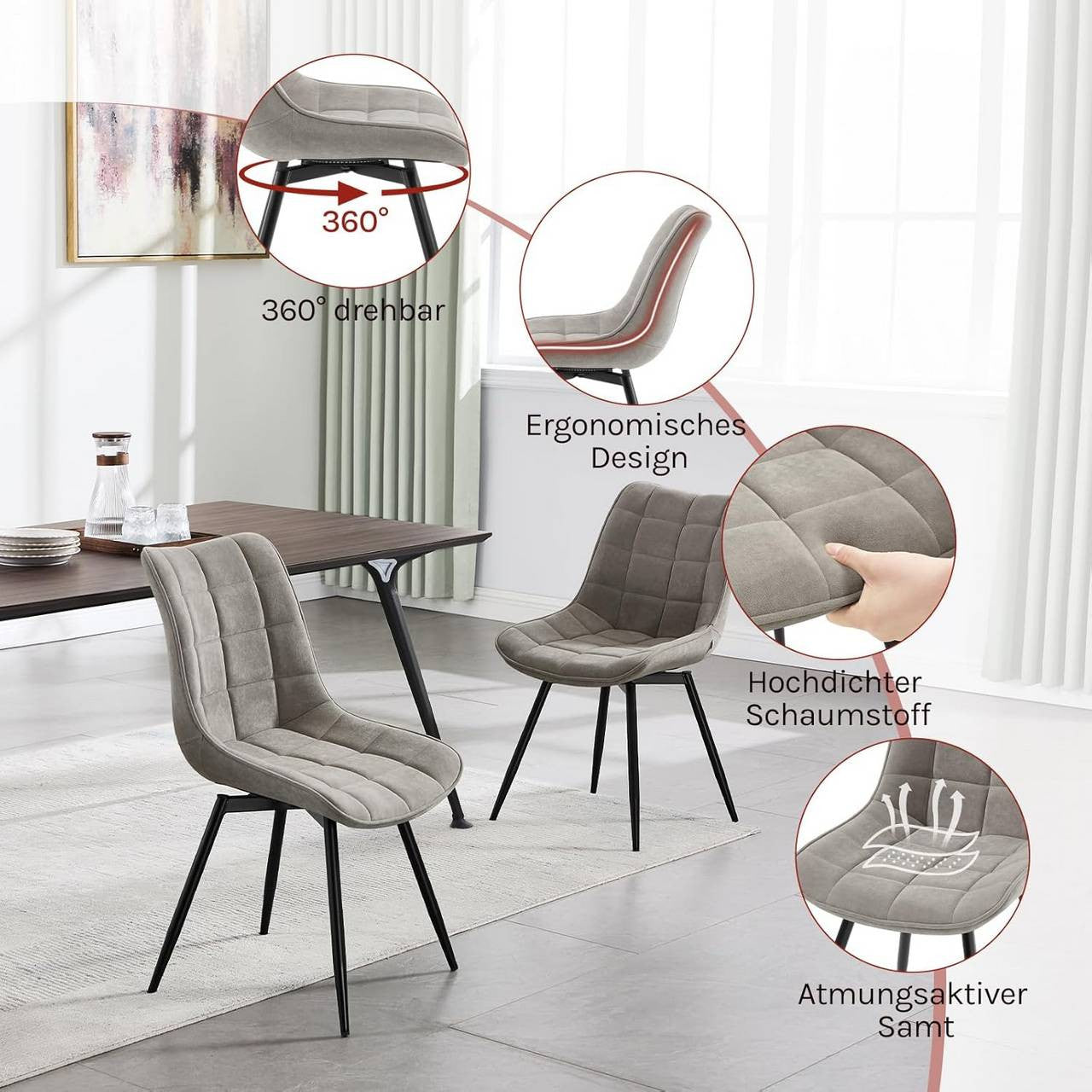 24goodz Swivel Dining Chairs - 360° Rotatable - Ergonomic Comfort - Velvet and Metal - Light Grey